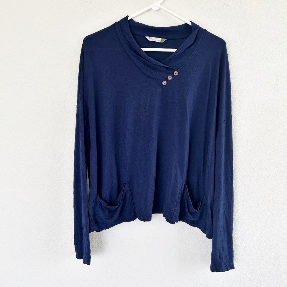 Chalet Nelia Shirt Size L Navy Blue Long Sleeve Pockets Boxy Top Minimalist